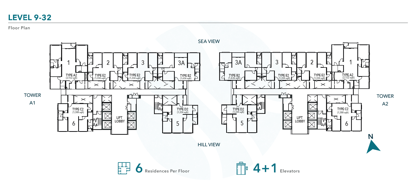 Level 9 to 32 floor plan, showing towers A1 and A2